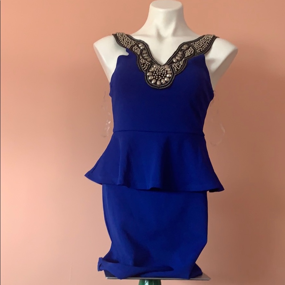 Blue embellished mini peplum dress (NEVER WORN)